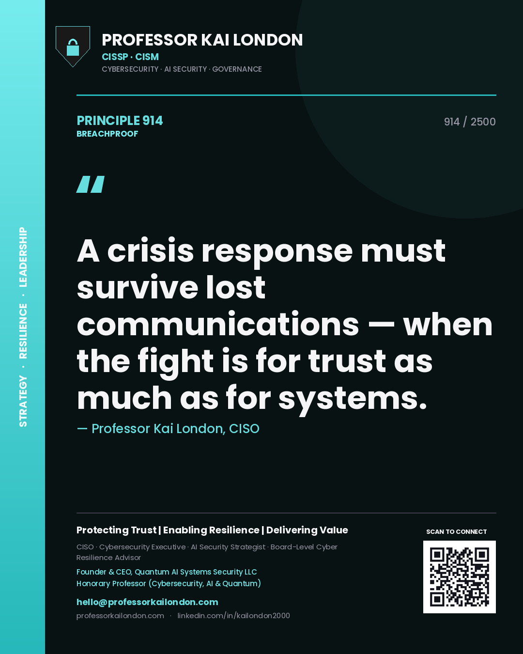 Quote card by Professor Kai London reading 'A crisis response must survive lost communications — when the fight is for trust as much as for systems.'. From the book Breachproof.