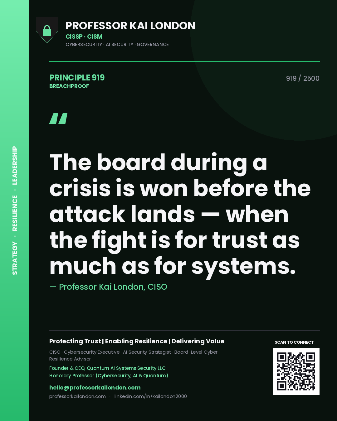 Professor Kai London principle 919: The board during a crisis is won before the attack lands — when the fight is for trust as much as for systems.