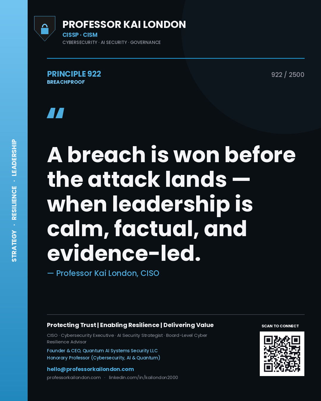 Quote card by Professor Kai London reading 'A breach is won before the attack lands — when leadership is calm, factual, and evidence-led.'. From the book Breachproof.