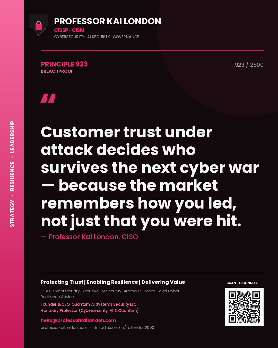 Professor Kai London principle 923: Customer trust under attack decides who survives the next cyber war — because the market remembers how you led, not just that you were hit.