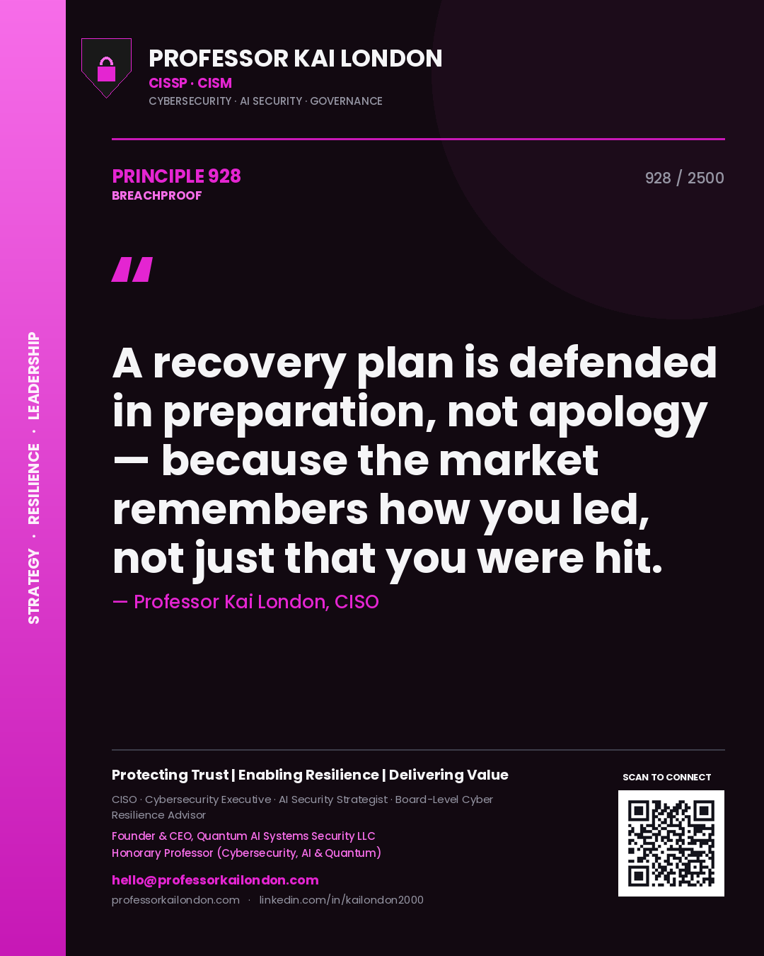 Professor Kai London principle 928: A recovery plan is defended in preparation, not apology — because the market remembers how you led, not just that you were hit.