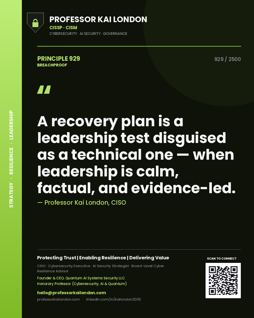 Quote card by Professor Kai London reading 'A recovery plan is a leadership test disguised as a technical one — when leadership is calm, factual, and evidence-led.'. From the book Breachproof.