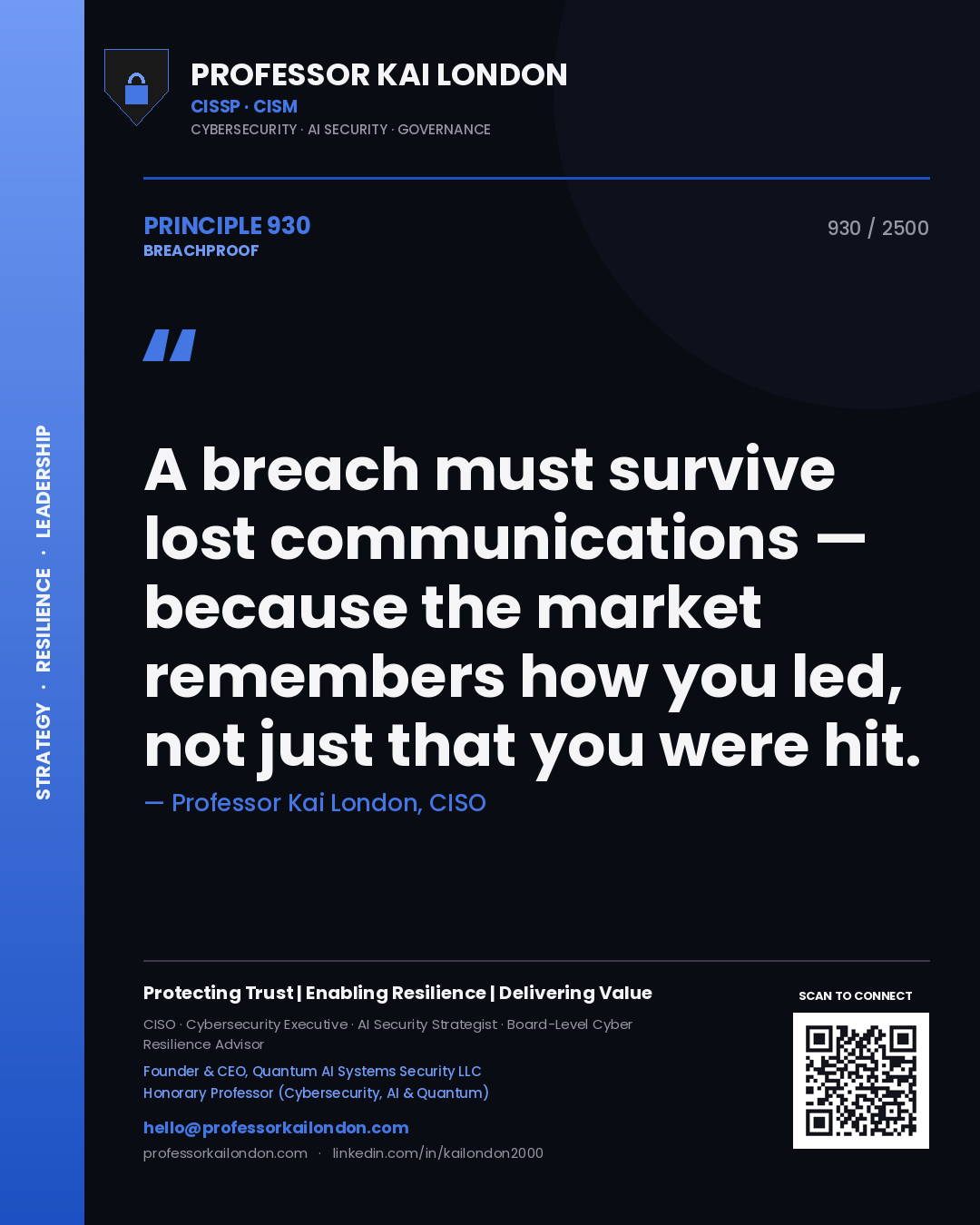 Professor Kai London principle 930: A breach must survive lost communications — because the market remembers how you led, not just that you were hit.