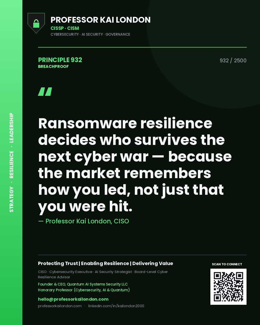 Professor Kai London principle 932: Ransomware resilience decides who survives the next cyber war — because the market remembers how you led, not just that you were hit.