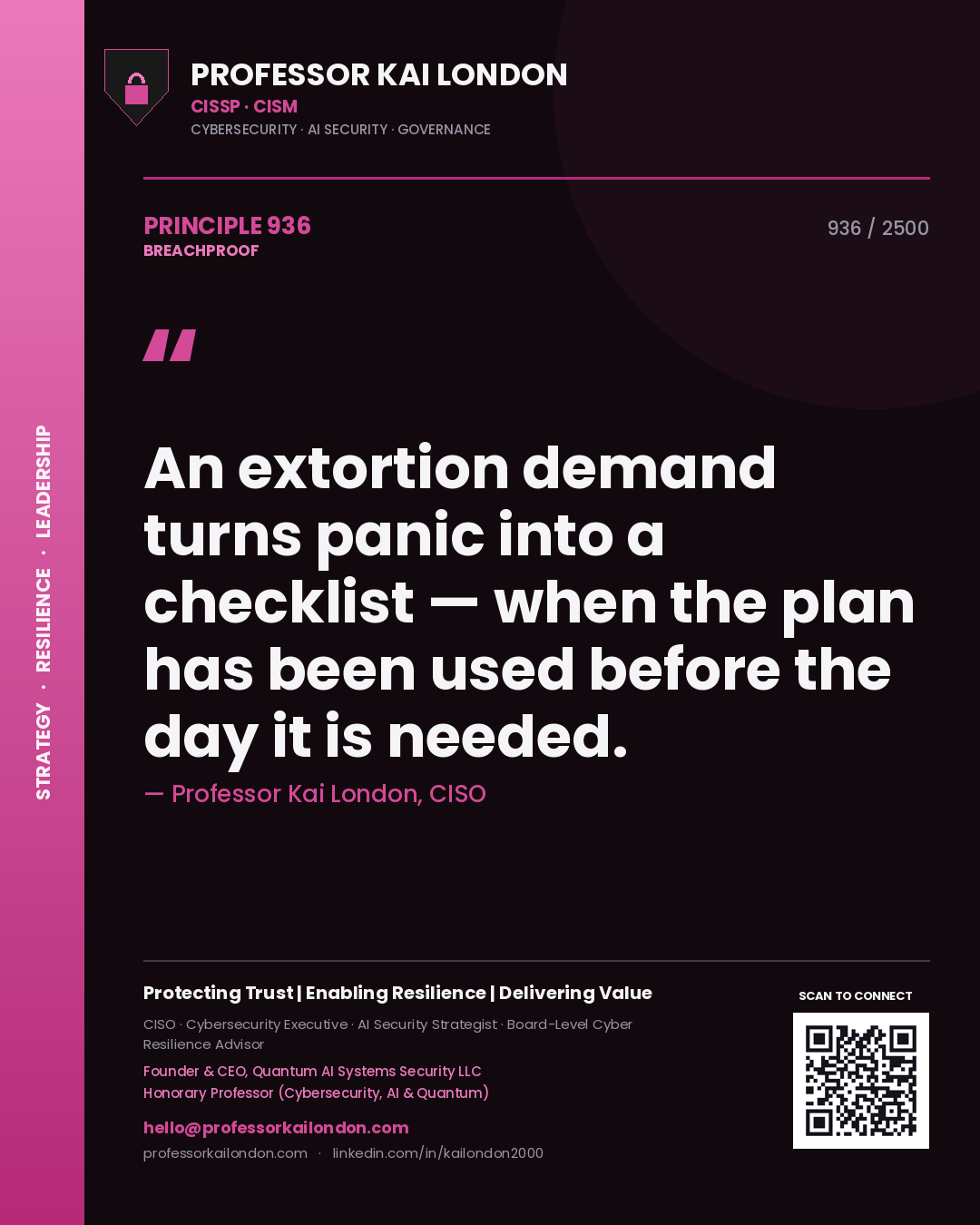 Professor Kai London principle 936: An extortion demand turns panic into a checklist — when the plan has been used before the day it is needed.