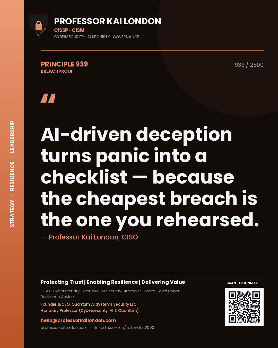 Quote card by Professor Kai London reading 'AI-driven deception turns panic into a checklist — because the cheapest breach is the one you rehearsed.'. From the book Breachproof.