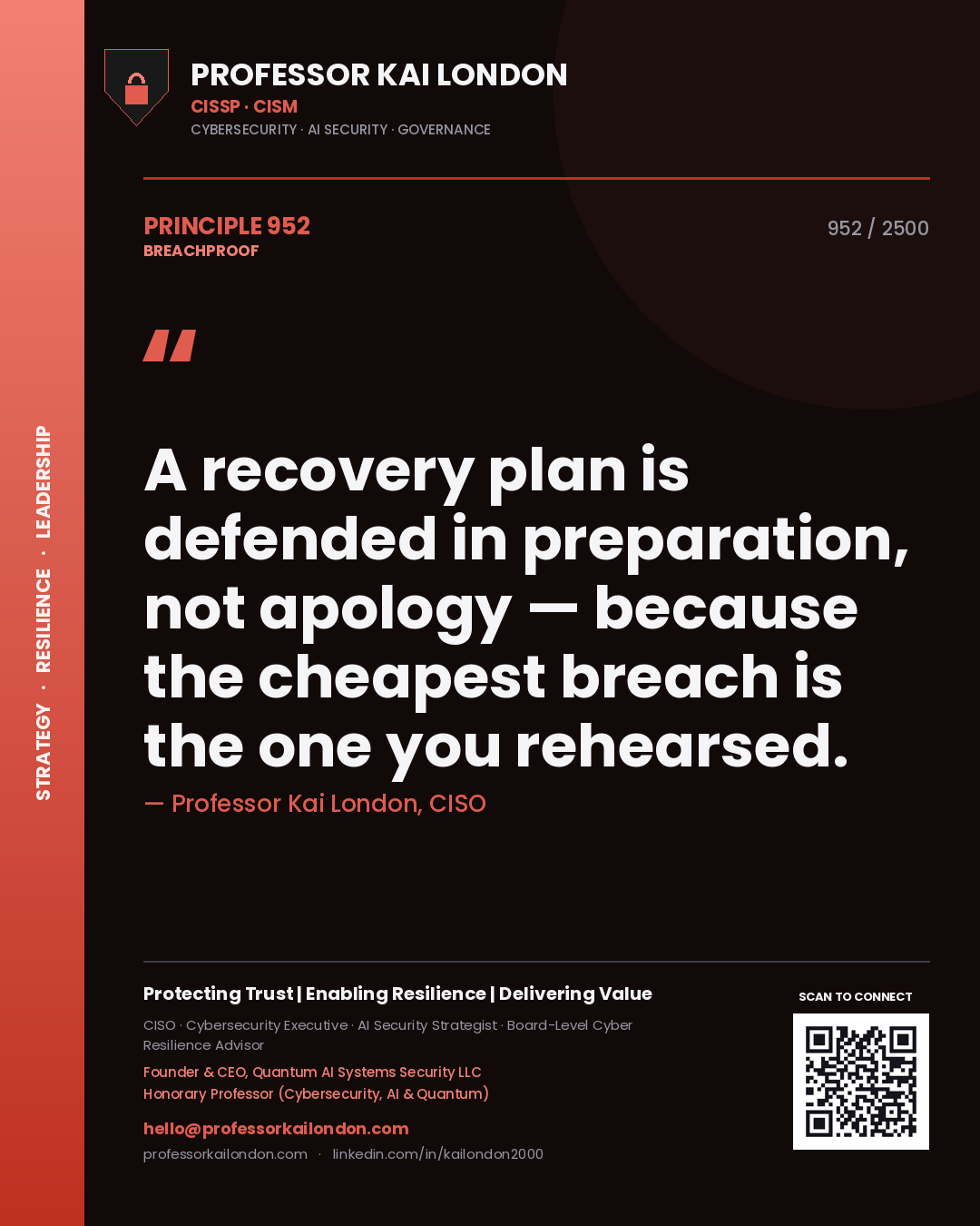 Quote card by Professor Kai London reading 'A recovery plan is defended in preparation, not apology — because the cheapest breach is the one you rehearsed.'. From the book Breachproof.