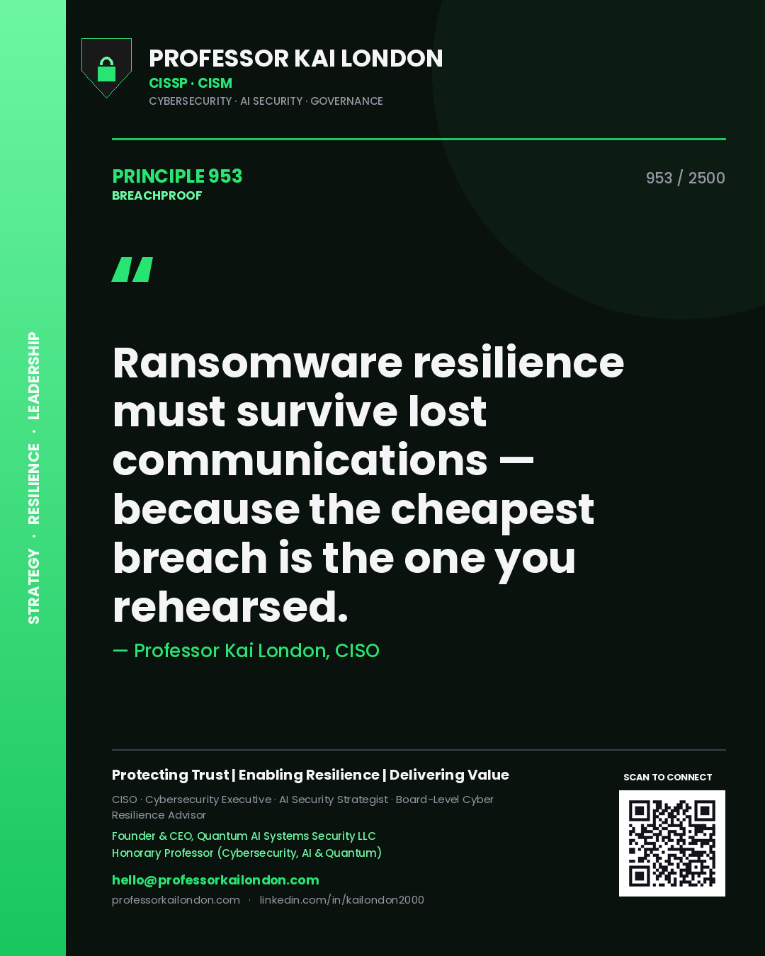 Quote card by Professor Kai London reading 'Ransomware resilience must survive lost communications — because the cheapest breach is the one you rehearsed.'. From the book Breachproof.