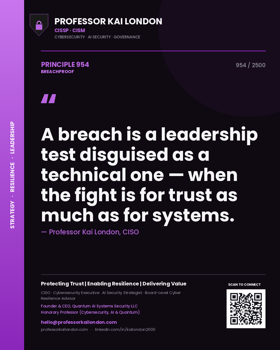 Quote card by Professor Kai London reading 'A breach is a leadership test disguised as a technical one — when the fight is for trust as much as for systems.'. From the book Breachproof.