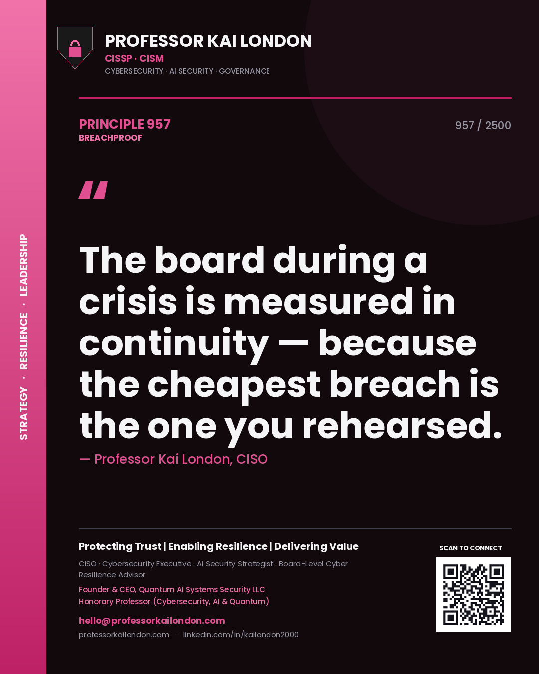 Quote card by Professor Kai London reading 'The board during a crisis is measured in continuity — because the cheapest breach is the one you rehearsed.'. From the book Breachproof.
