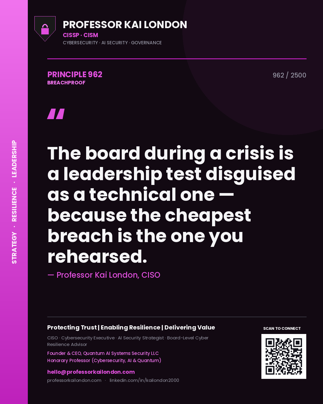 Quote card by Professor Kai London reading 'The board during a crisis is a leadership test disguised as a technical one — because the cheapest breach is the one you rehearsed.'. From the book Breachproof.