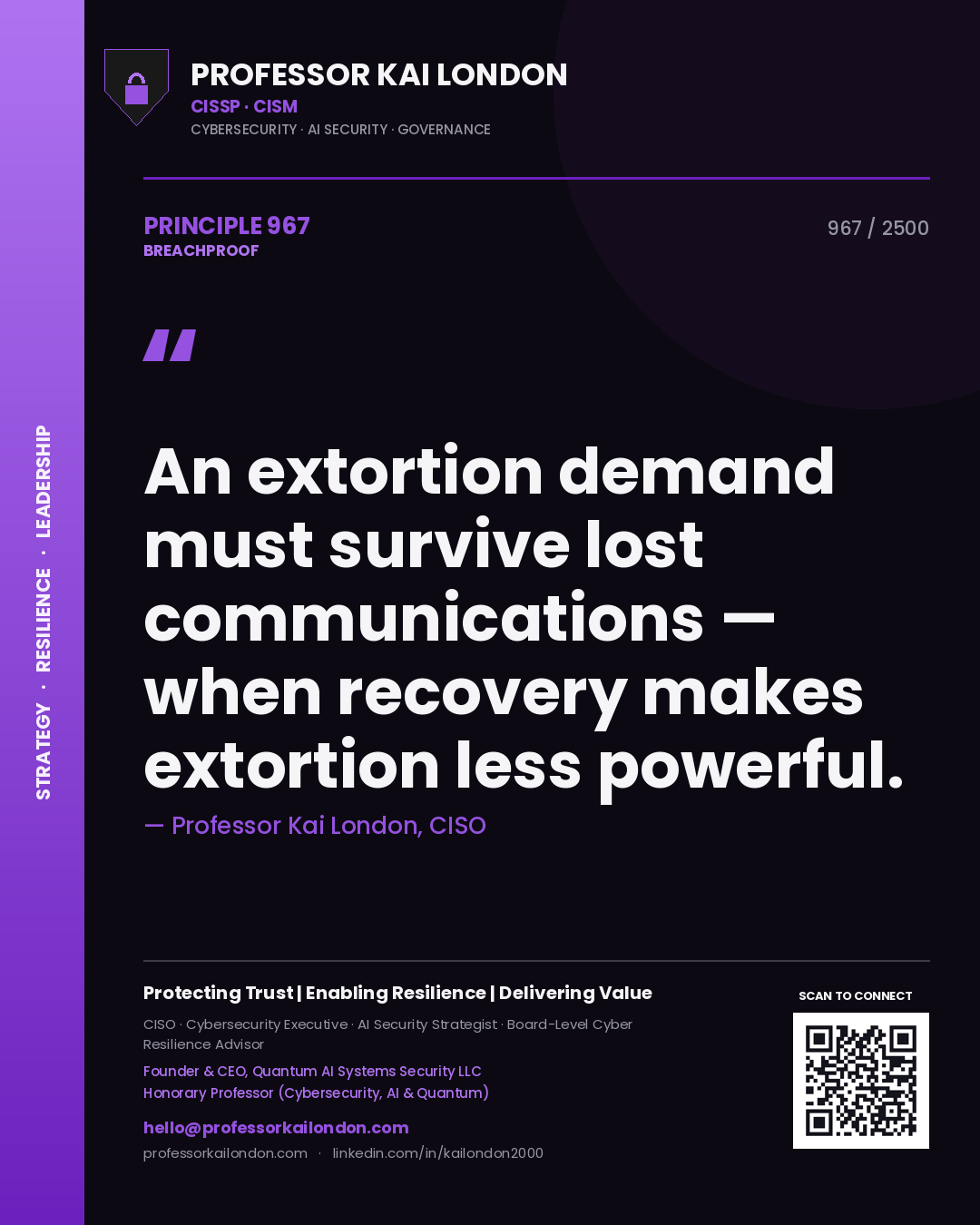 Professor Kai London principle 967: An extortion demand must survive lost communications — when recovery makes extortion less powerful.