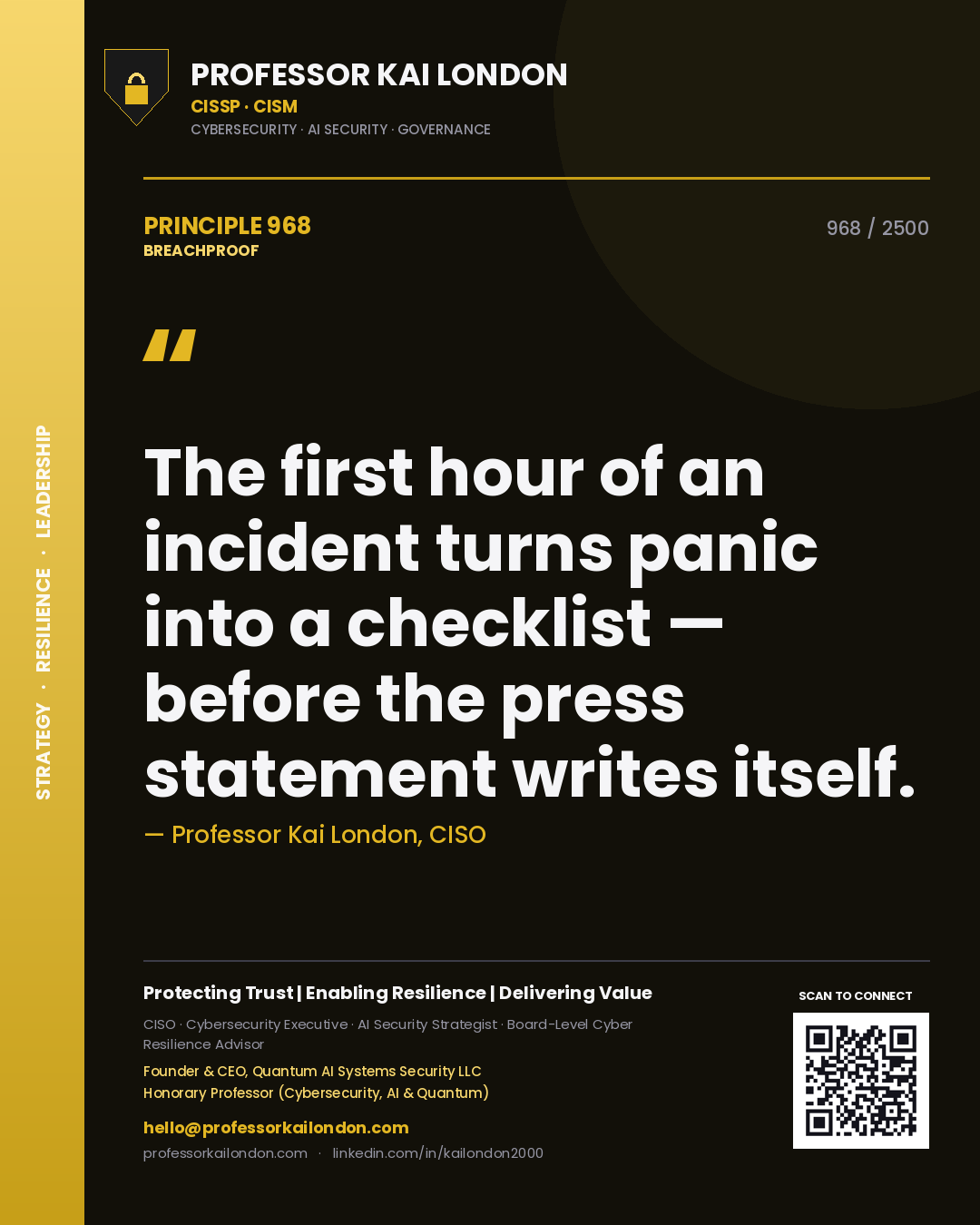 Professor Kai London principle 968: The first hour of an incident turns panic into a checklist — before the press statement writes itself.