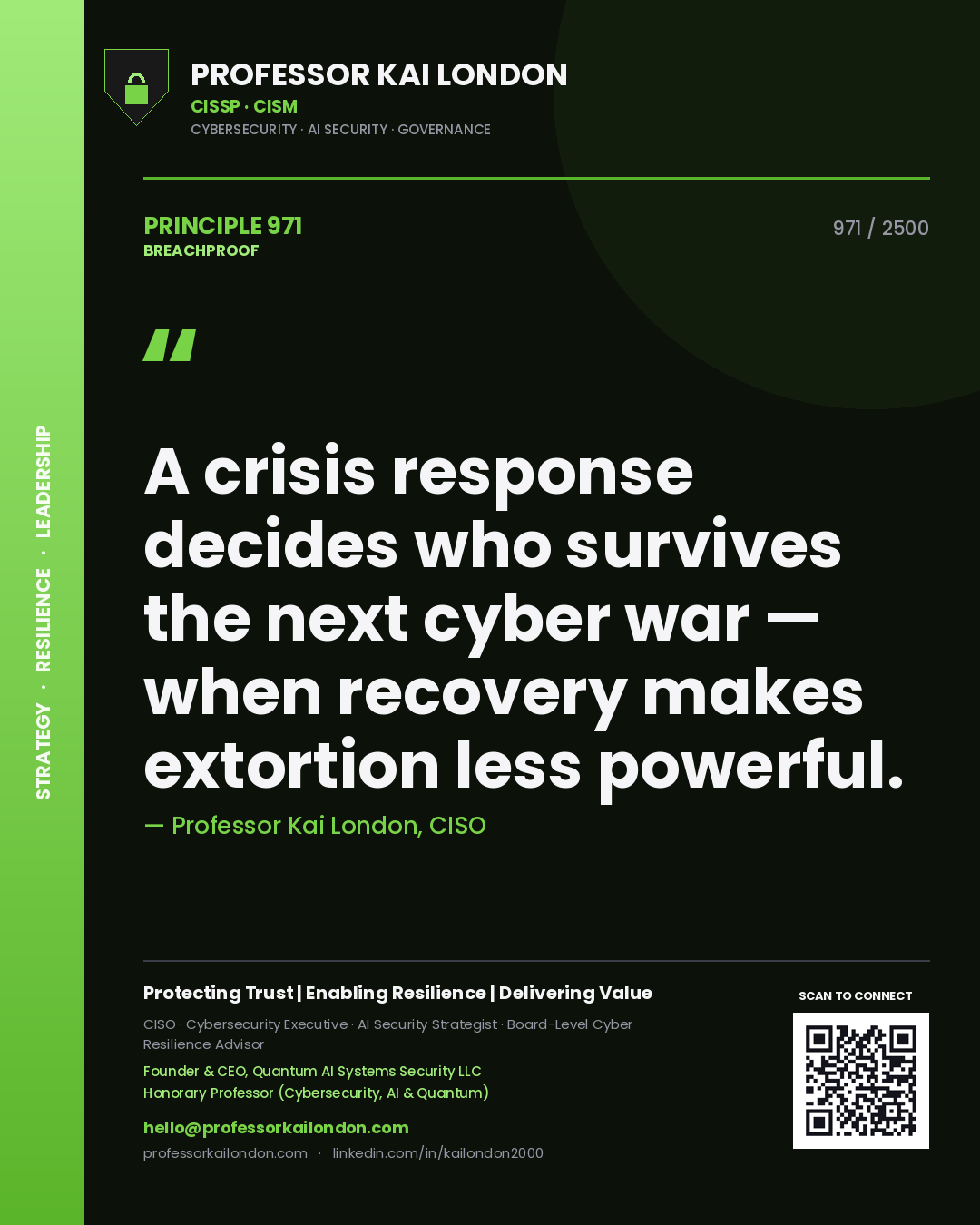 Professor Kai London principle 971: A crisis response decides who survives the next cyber war — when recovery makes extortion less powerful.