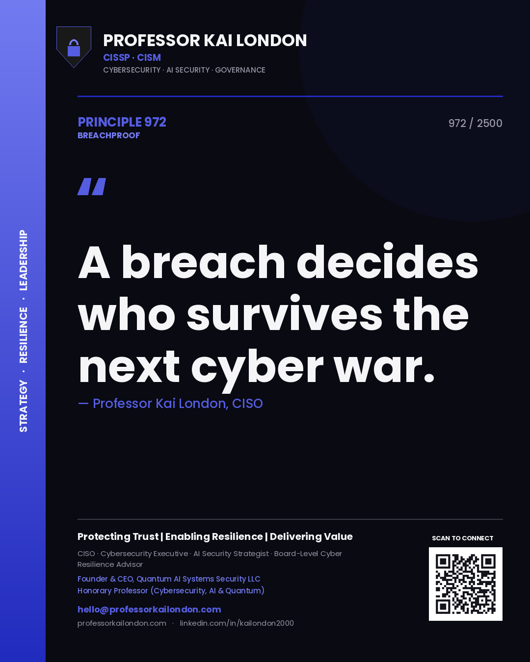 Quote card by Professor Kai London reading 'A breach decides who survives the next cyber war.'. From the book Breachproof.