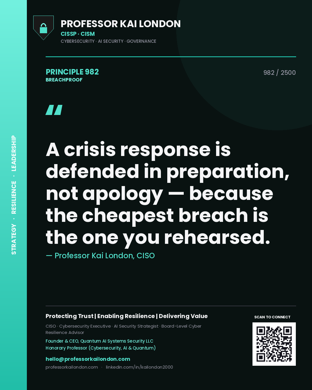 Quote card by Professor Kai London reading 'A crisis response is defended in preparation, not apology — because the cheapest breach is the one you rehearsed.'. From the book Breachproof.