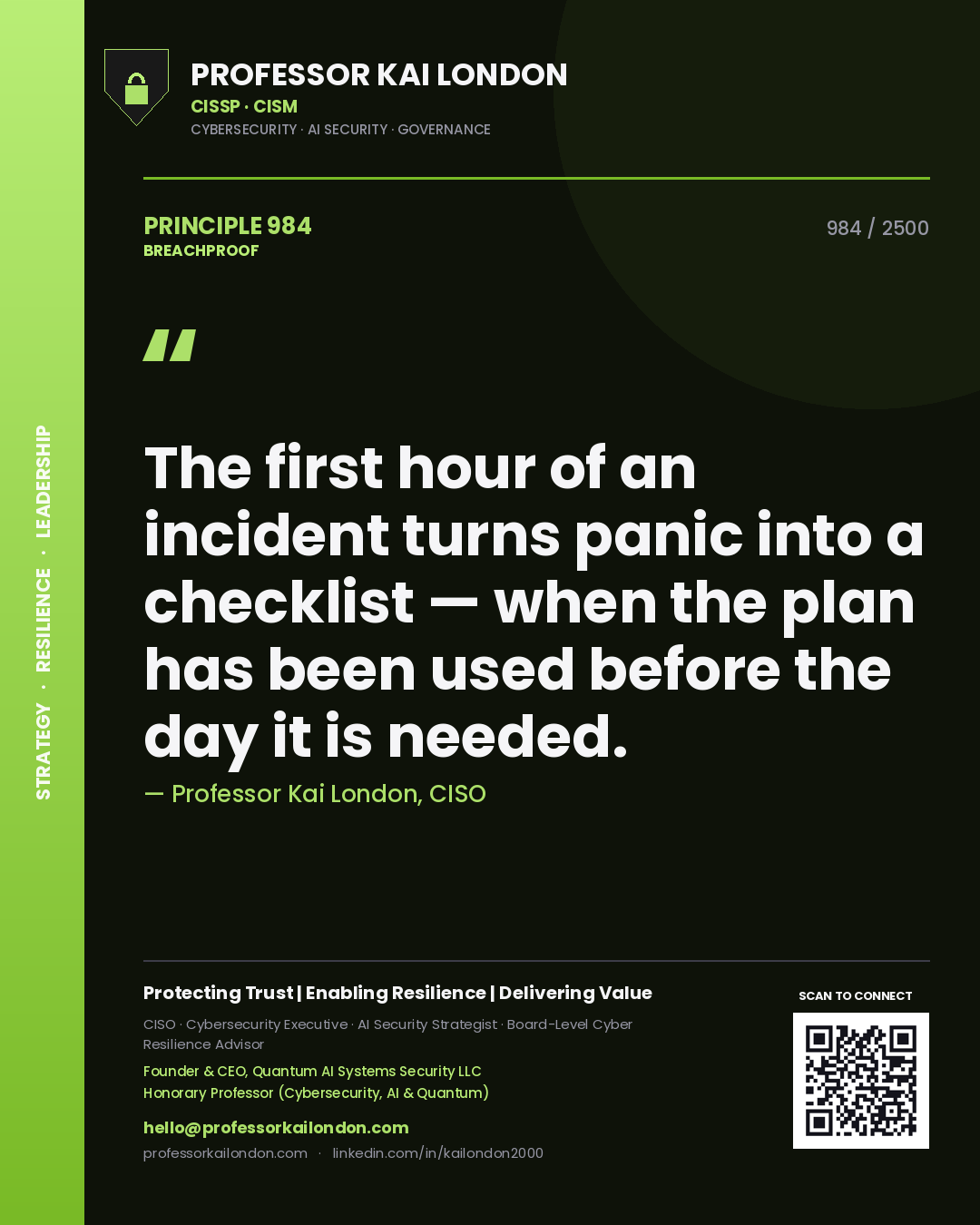 Professor Kai London principle 984: The first hour of an incident turns panic into a checklist — when the plan has been used before the day it is needed.