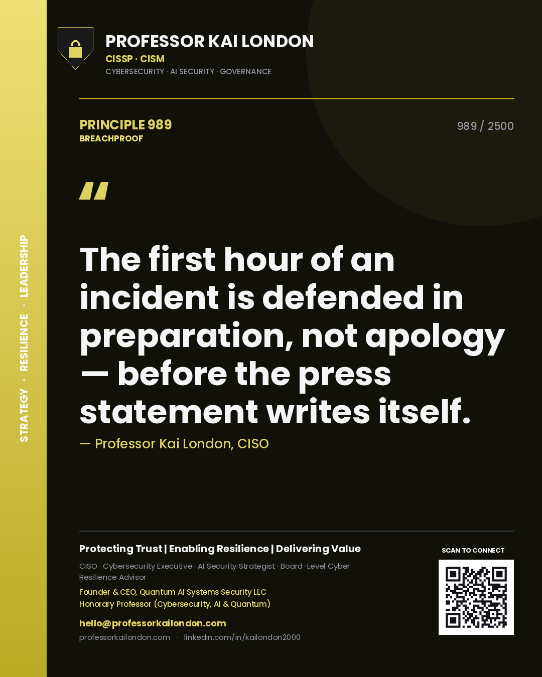 Quote card by Professor Kai London reading 'The first hour of an incident is defended in preparation, not apology — before the press statement writes itself.'. From the book Breachproof.