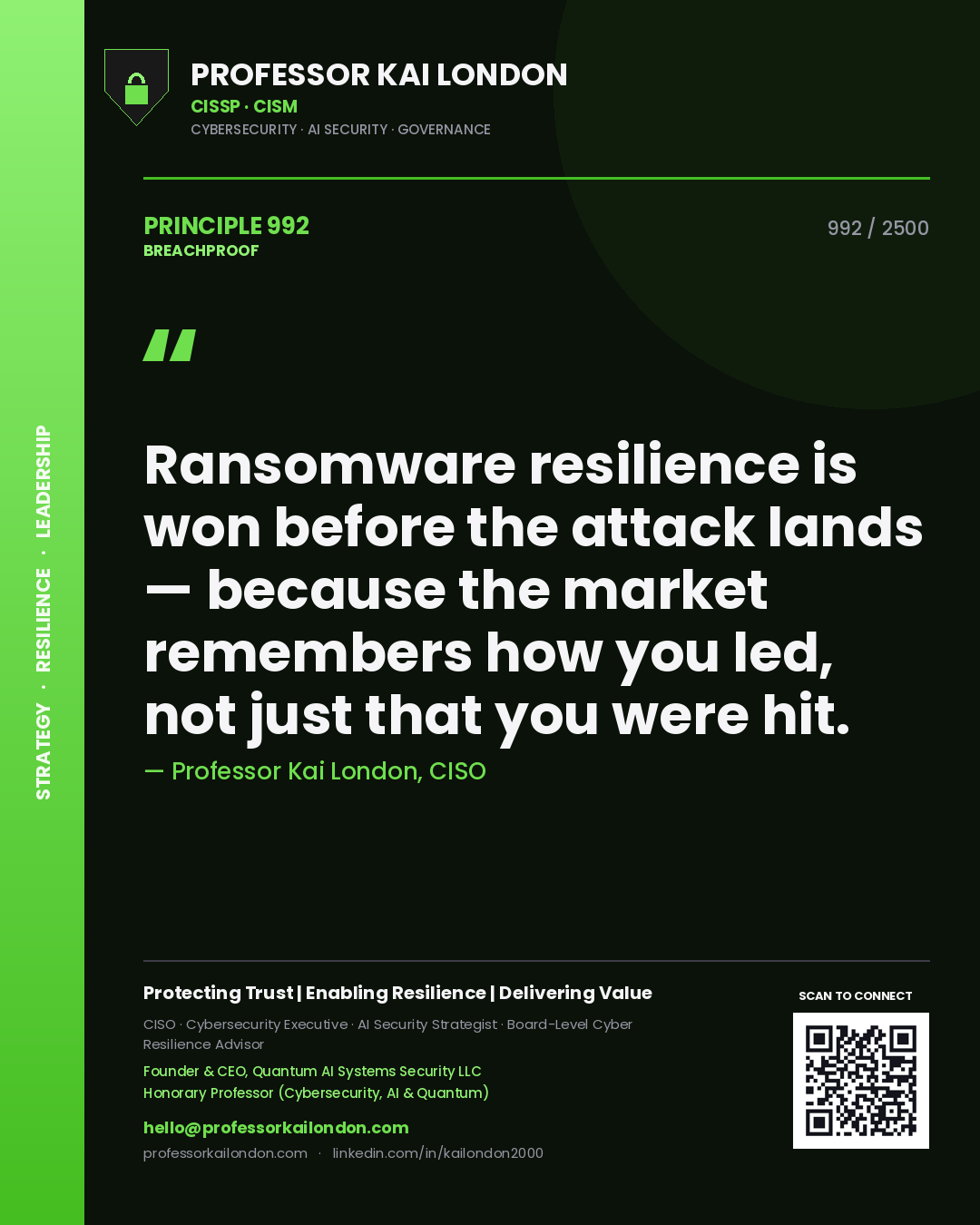 Professor Kai London principle 992: Ransomware resilience is won before the attack lands — because the market remembers how you led, not just that you were hit.