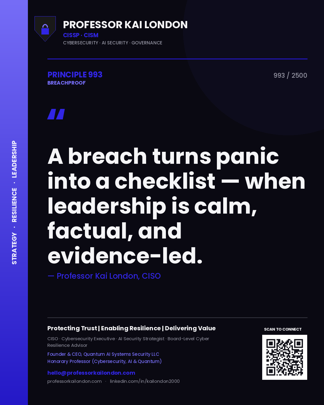 Quote card by Professor Kai London reading 'A breach turns panic into a checklist — when leadership is calm, factual, and evidence-led.'. From the book Breachproof.