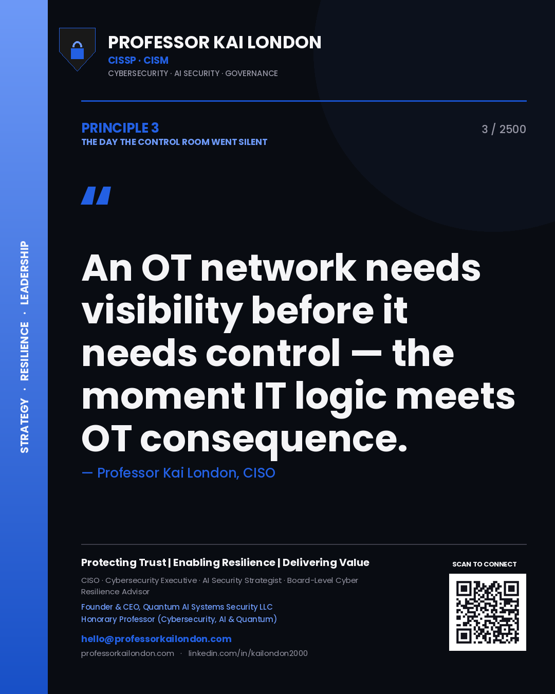 Quote card by Professor Kai London reading 'An OT network needs visibility before it needs control — the moment IT logic meets OT consequence.'. From the book The Day the Control Room Went Silent.