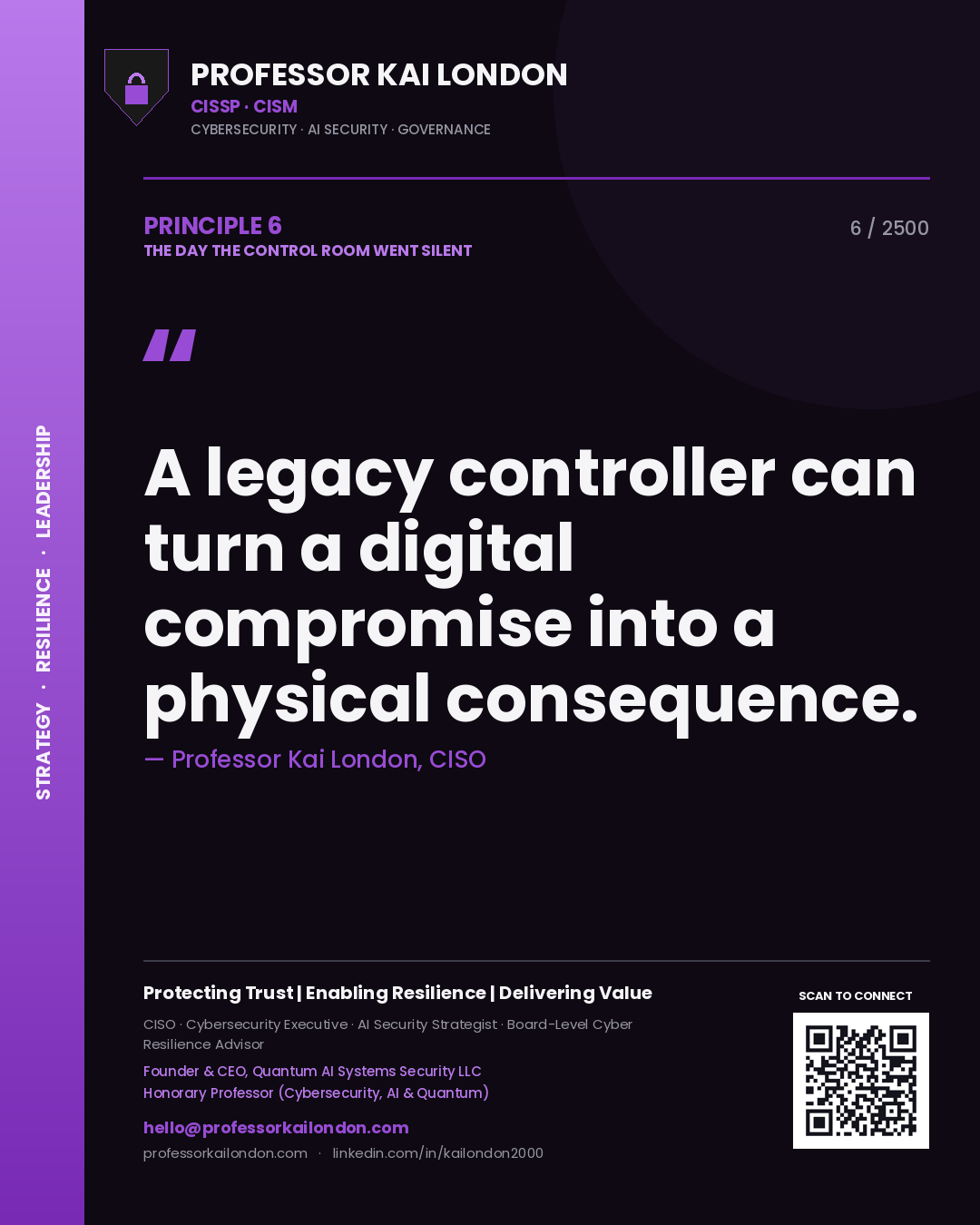 Quote card by Professor Kai London reading 'A legacy controller can turn a digital compromise into a physical consequence.'. From the book The Day the Control Room Went Silent.