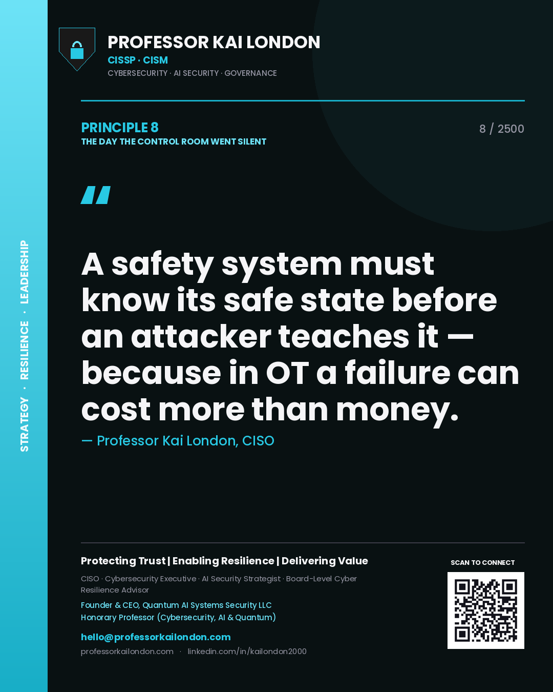 Quote card by Professor Kai London reading 'A safety system must know its safe state before an attacker teaches it — because in OT a failure can cost more than money.'. From the book The Day the Control Room Went Silent.