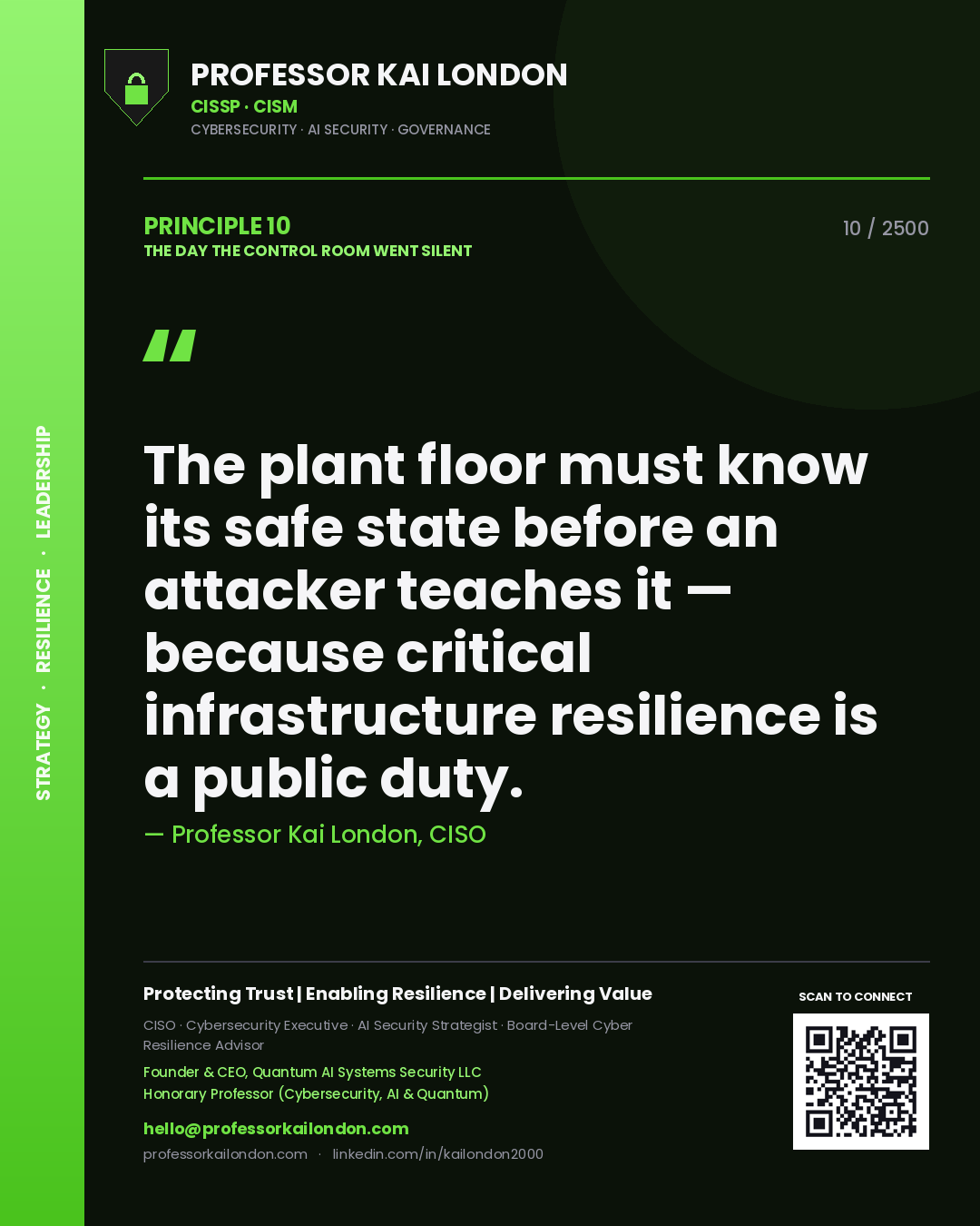 Quote card by Professor Kai London reading 'The plant floor must know its safe state before an attacker teaches it — because critical infrastructure resilience is a public duty.'. From the book The Day the Control Room Went Silent.