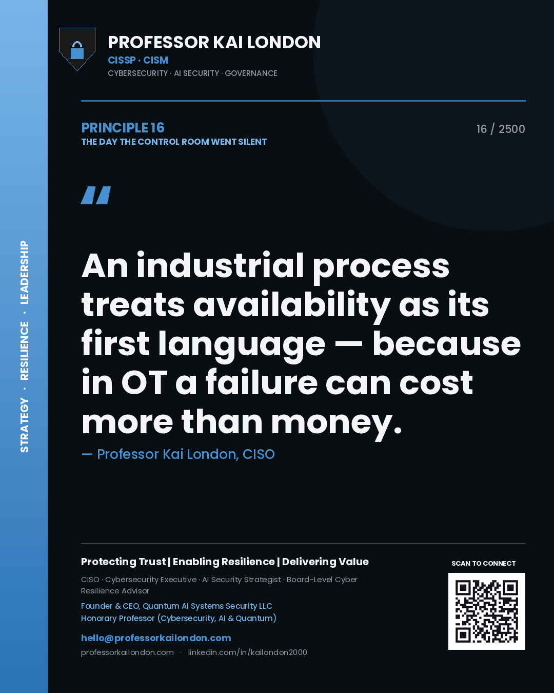 Quote card by Professor Kai London reading 'An industrial process treats availability as its first language — because in OT a failure can cost more than money.'. From the book The Day the Control Room Went Silent.