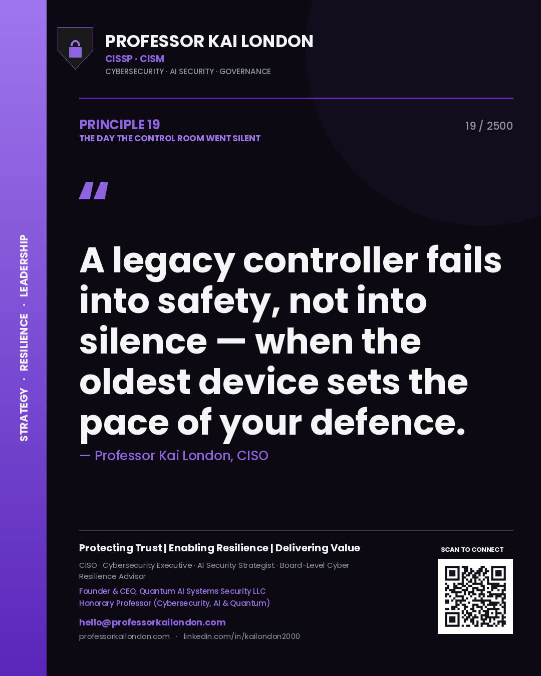 Quote card by Professor Kai London reading 'A legacy controller fails into safety, not into silence — when the oldest device sets the pace of your defence.'. From the book The Day the Control Room Went Silent.