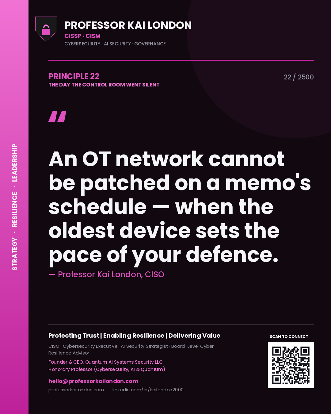 Quote card by Professor Kai London reading 'An OT network cannot be patched on a memo's schedule — when the oldest device sets the pace of your defence.'. From the book The Day the Control Room Went Silent.