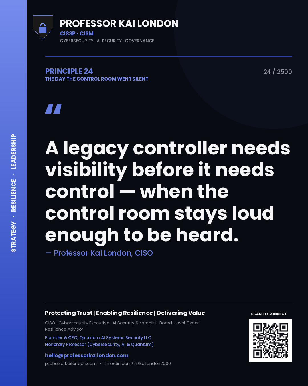 Quote card by Professor Kai London reading 'A legacy controller needs visibility before it needs control — when the control room stays loud enough to be heard.'. From the book The Day the Control Room Went Silent.