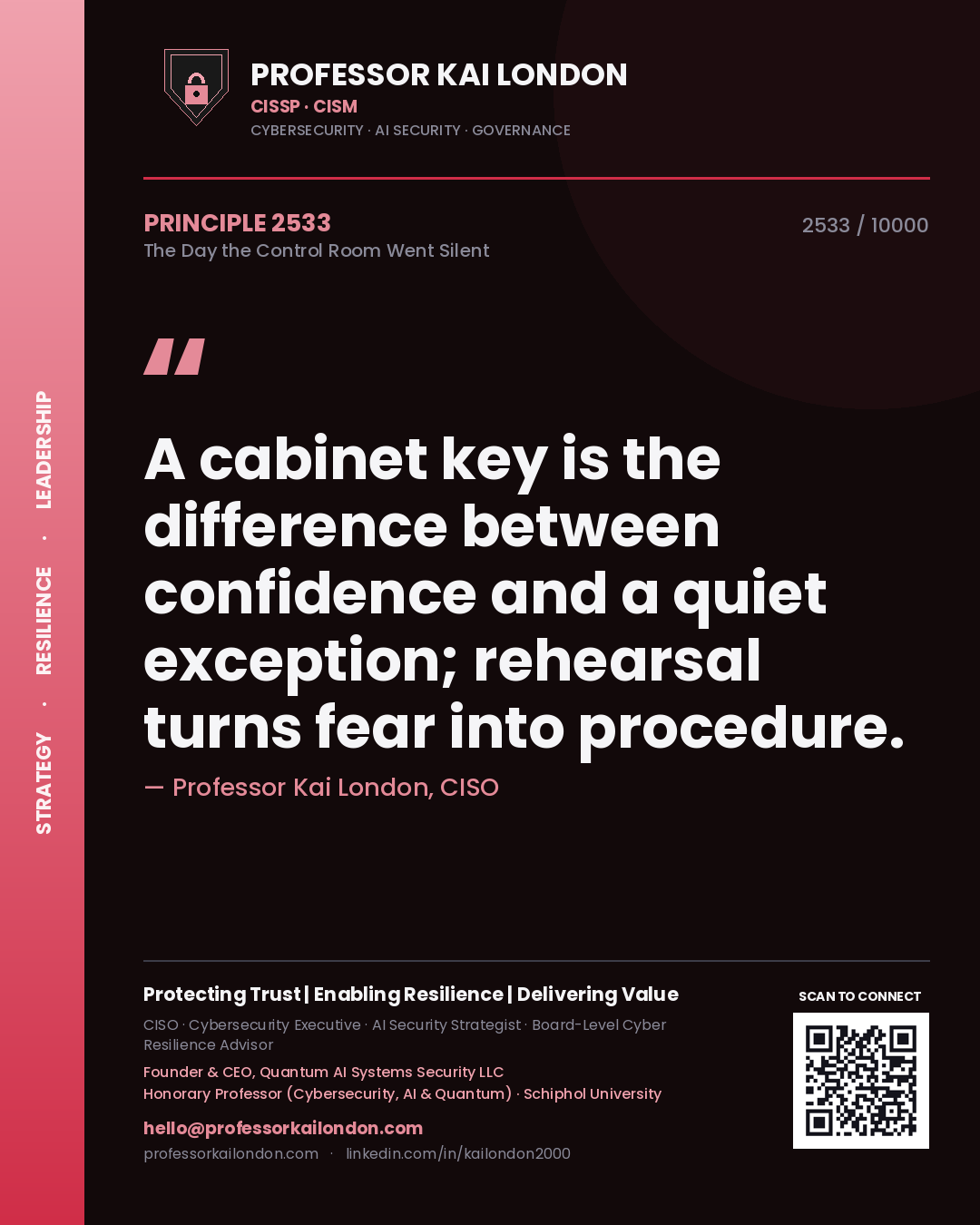 Professor Kai London principle 2533: A cabinet key is the difference between confidence and a quiet exception; rehearsal turns fear into procedure.