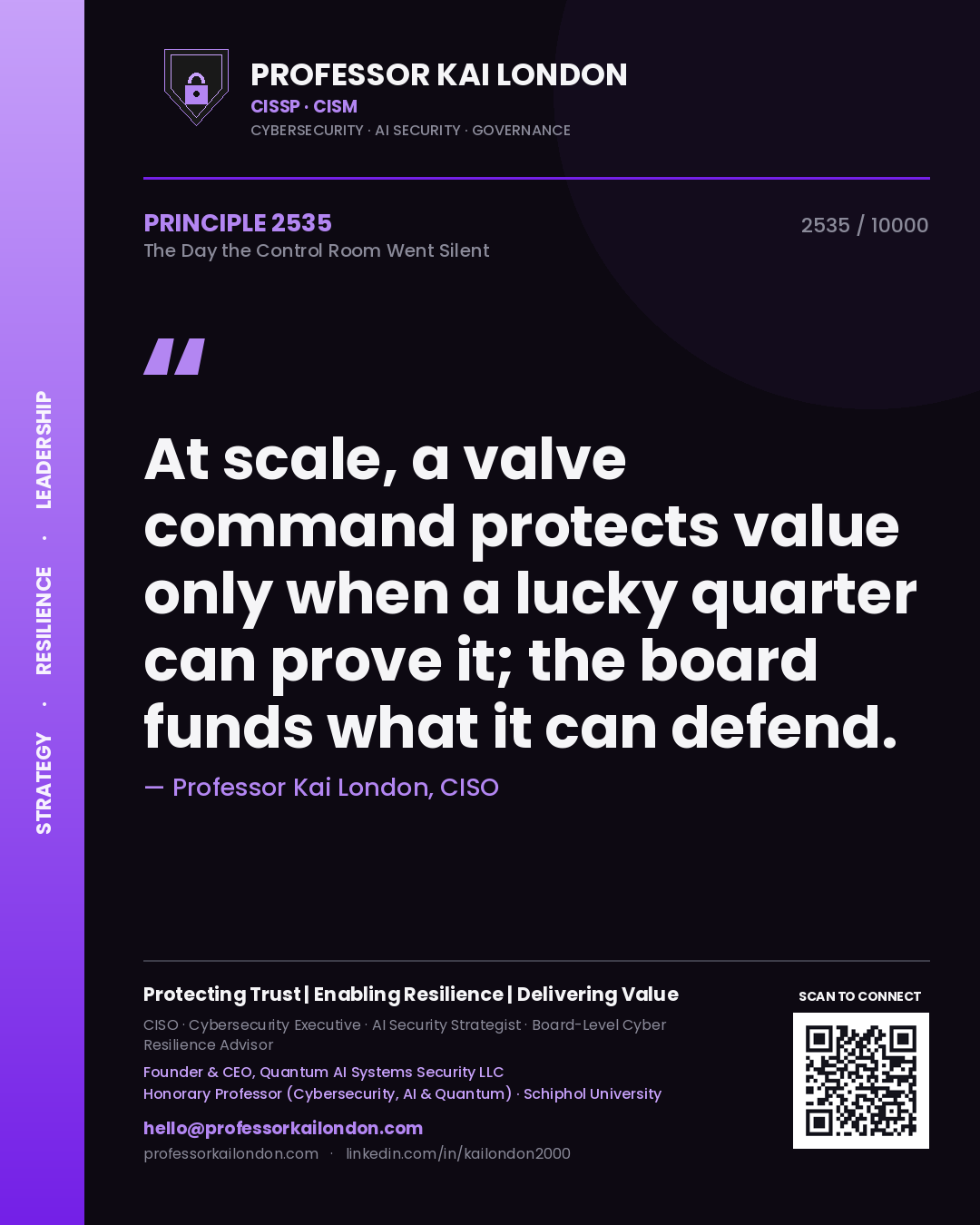 Quote card by Professor Kai London reading 'At scale, a valve command protects value only when a lucky quarter can prove it; the board funds what it can defend.'. From the book The Day the Control Room Went Silent.