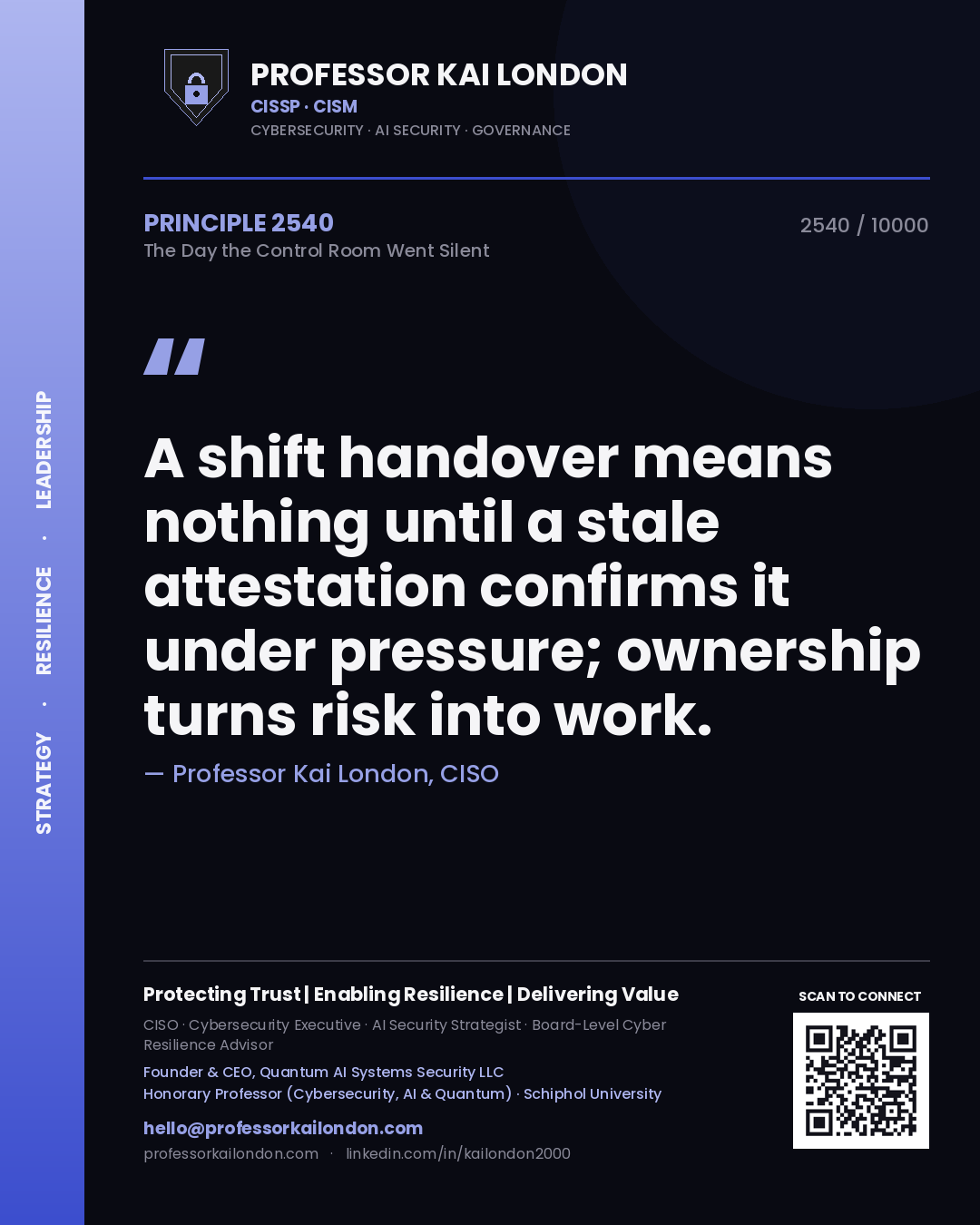 Professor Kai London principle 2540: A shift handover means nothing until a stale attestation confirms it under pressure; ownership turns risk into work.