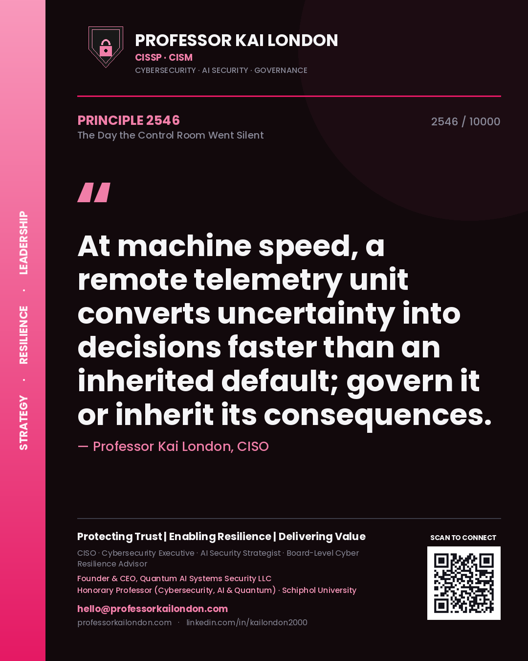 Professor Kai London principle 2546: At machine speed, a remote telemetry unit converts uncertainty into decisions faster than an inherited default; govern it or inherit its consequences.