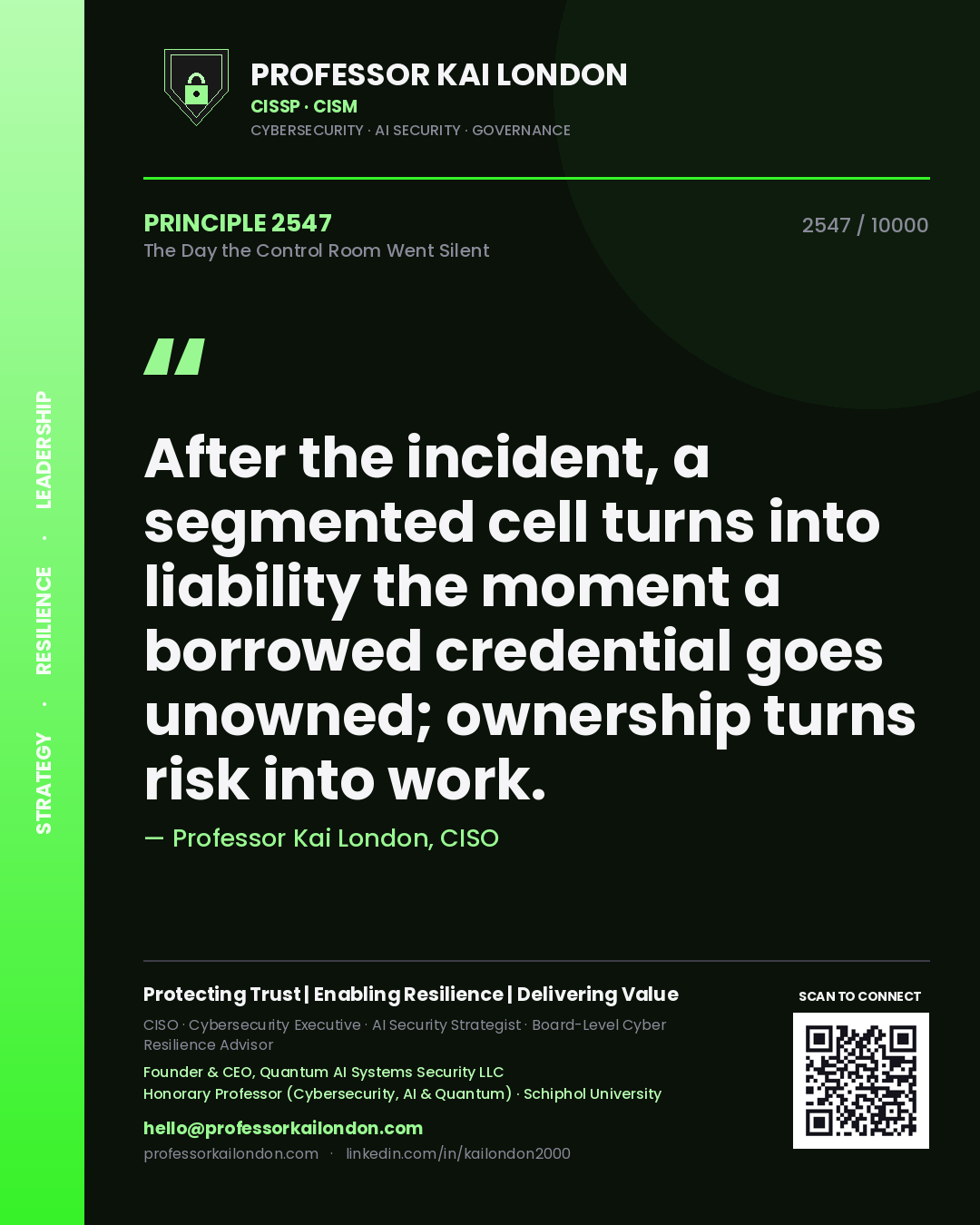 Professor Kai London principle 2547: After the incident, a segmented cell turns into liability the moment a borrowed credential goes unowned; ownership turns risk into work.