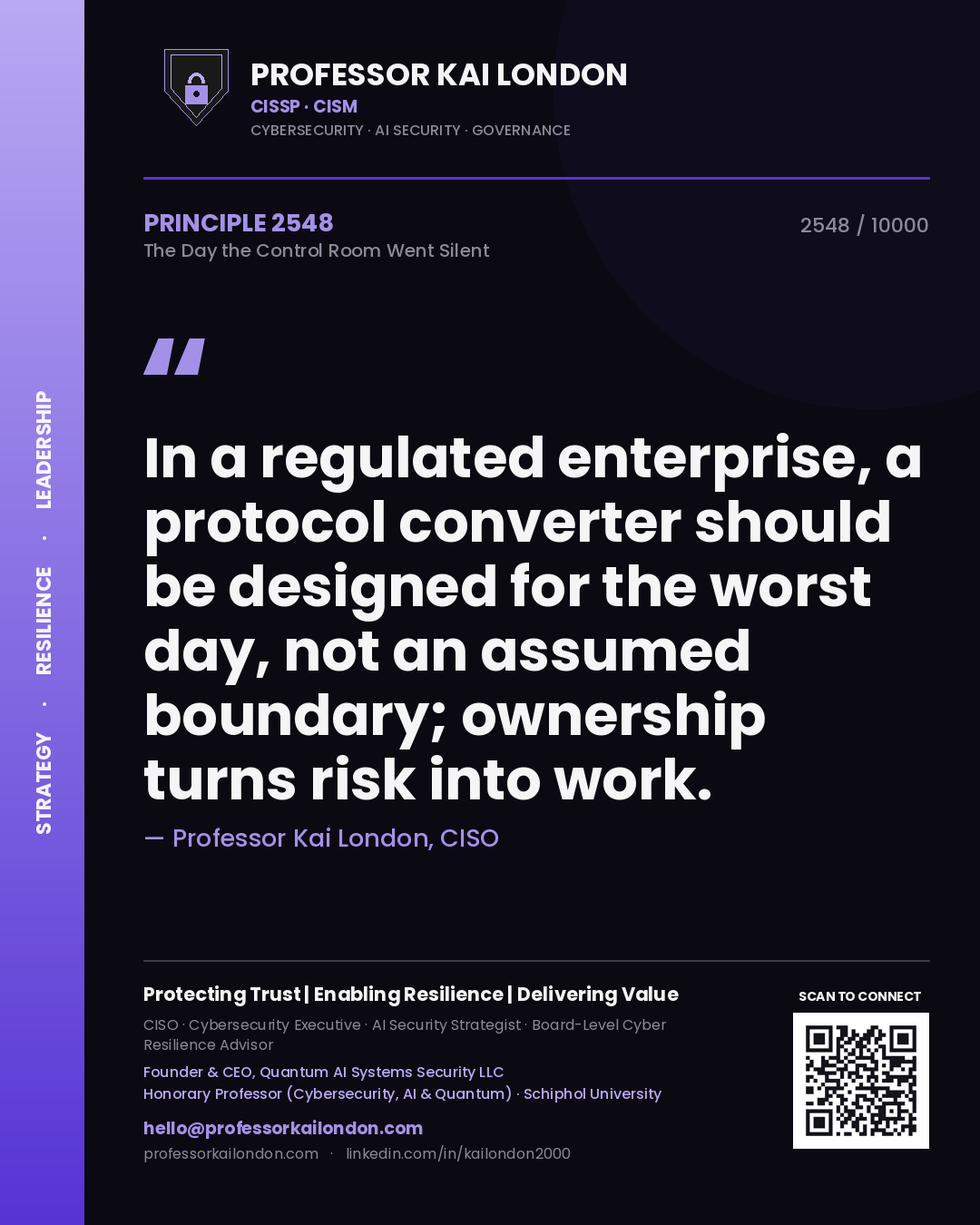Professor Kai London principle 2548: In a regulated enterprise, a protocol converter should be designed for the worst day, not an assumed boundary; ownership turns risk into work.