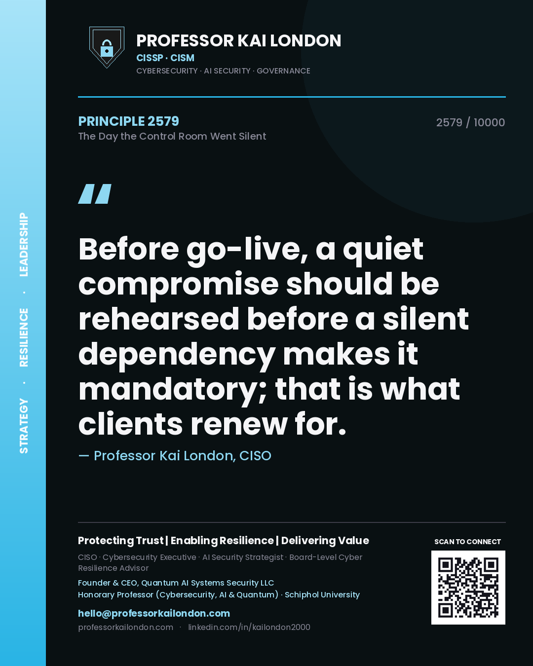 Professor Kai London principle 2579: Before go-live, a quiet compromise should be rehearsed before a silent dependency makes it mandatory; that is what clients renew for.