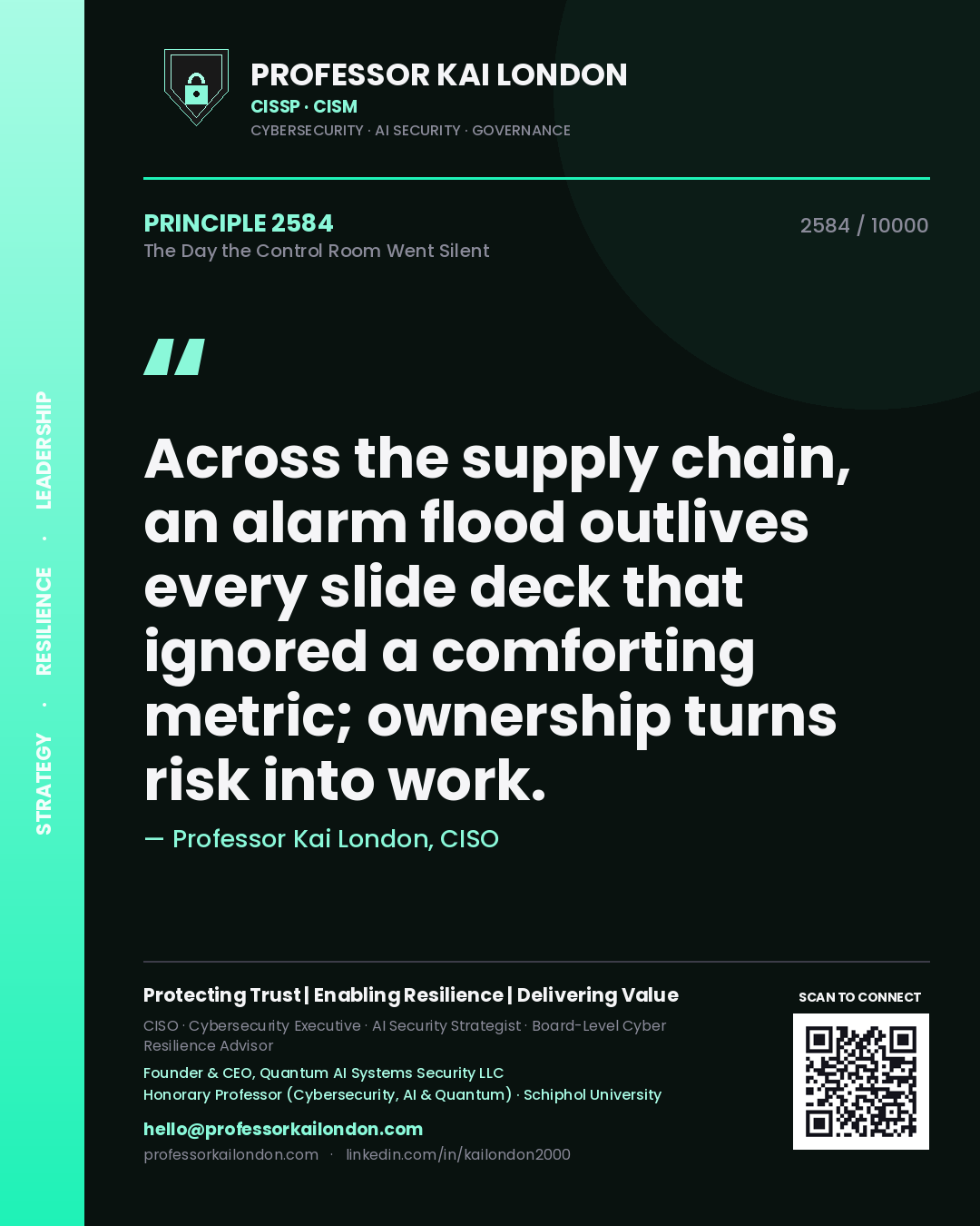 Quote card by Professor Kai London reading 'Across the supply chain, an alarm flood outlives every slide deck that ignored a comforting metric; ownership turns risk into work.'. From the book The Day the Control Room Went Silent.