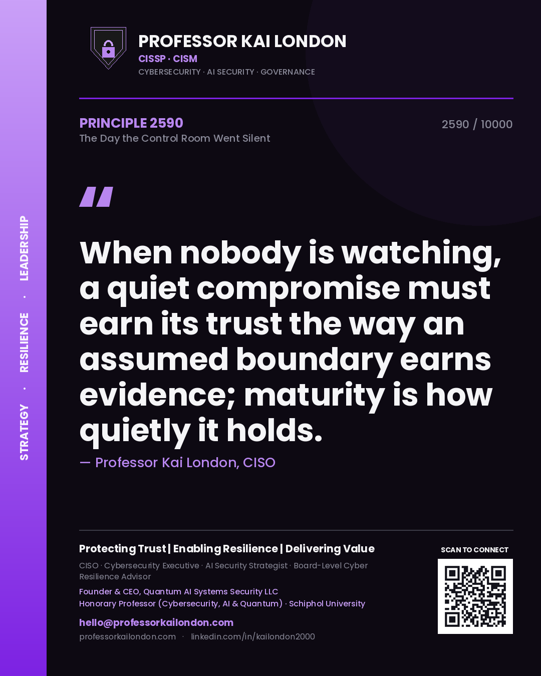 Quote card by Professor Kai London reading 'When nobody is watching, a quiet compromise must earn its trust the way an assumed boundary earns evidence; maturity is how quietly it holds.'. From the book The Day the Control Room Went Silent.