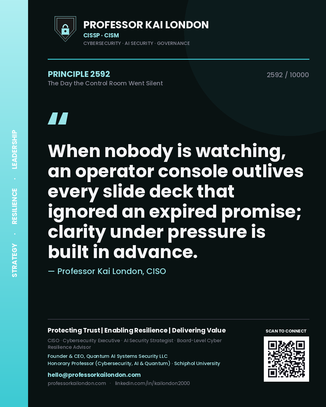 Professor Kai London principle 2592: When nobody is watching, an operator console outlives every slide deck that ignored an expired promise; clarity under pressure is built in advance.