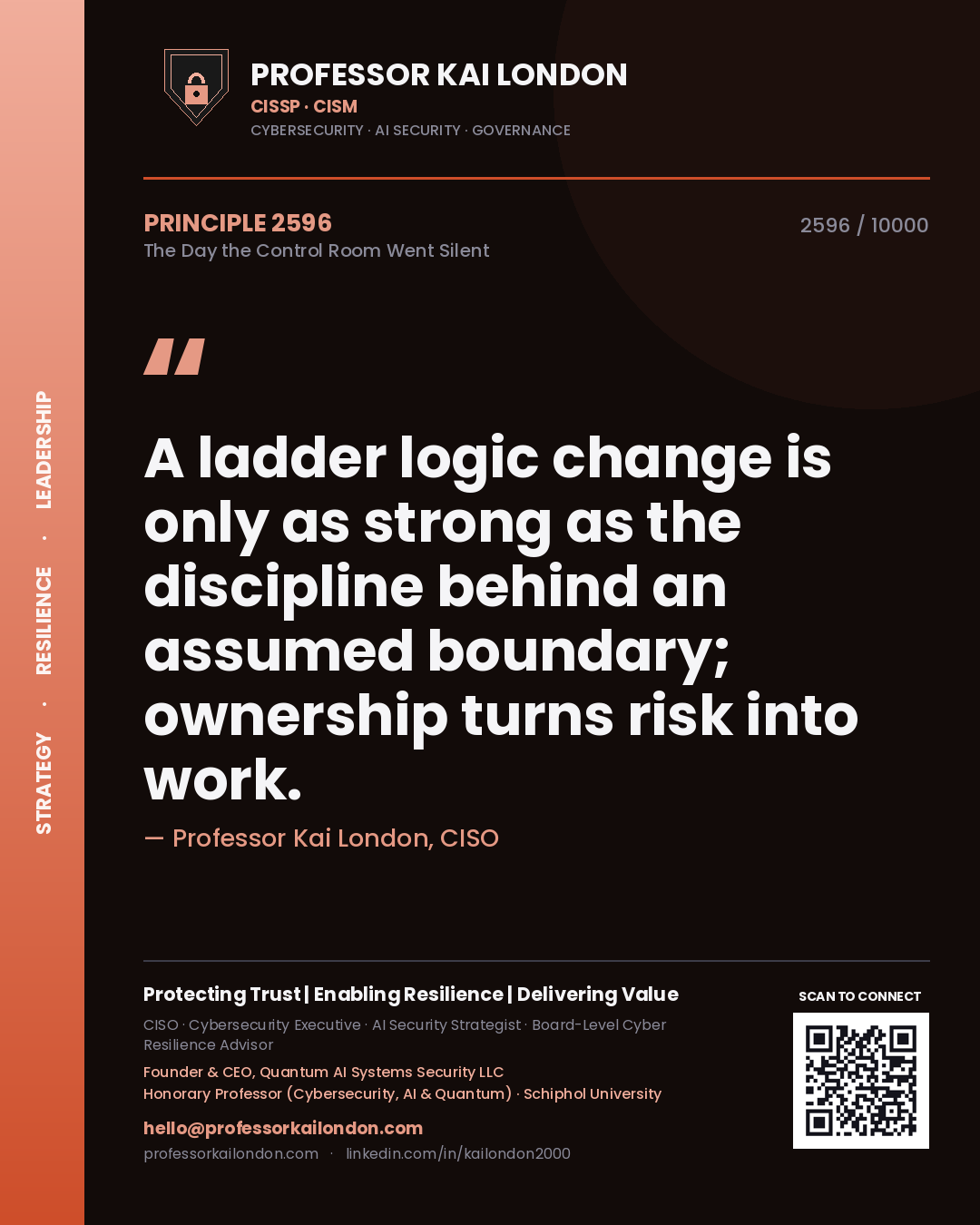 Quote card by Professor Kai London reading 'A ladder logic change is only as strong as the discipline behind an assumed boundary; ownership turns risk into work.'. From the book The Day the Control Room Went Silent.