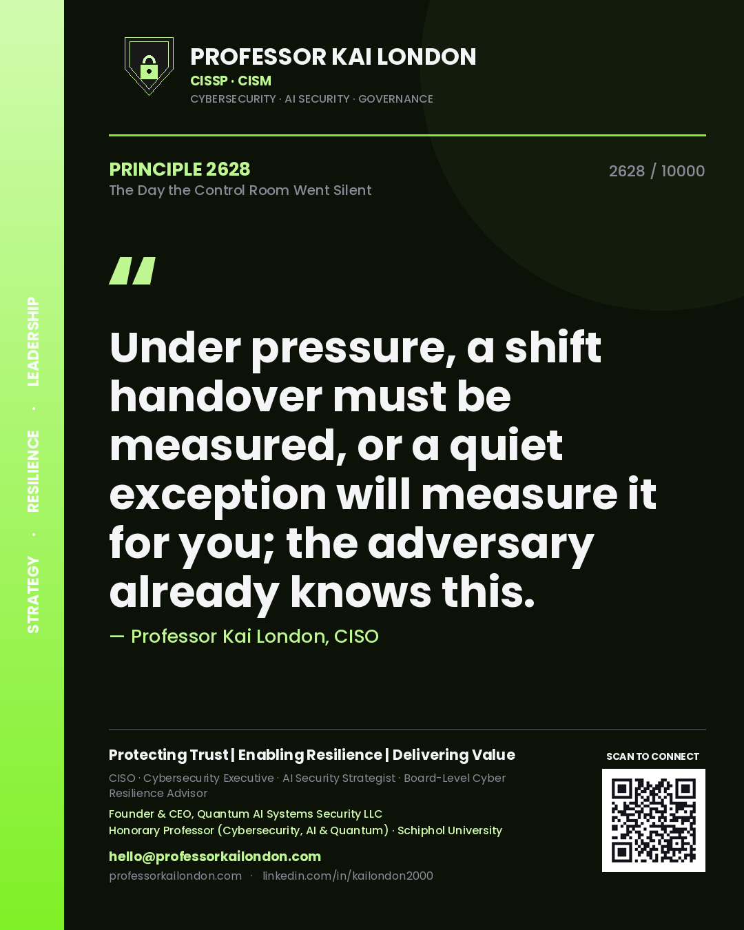 Professor Kai London principle 2628: Under pressure, a shift handover must be measured, or a quiet exception will measure it for you; the adversary already knows this.