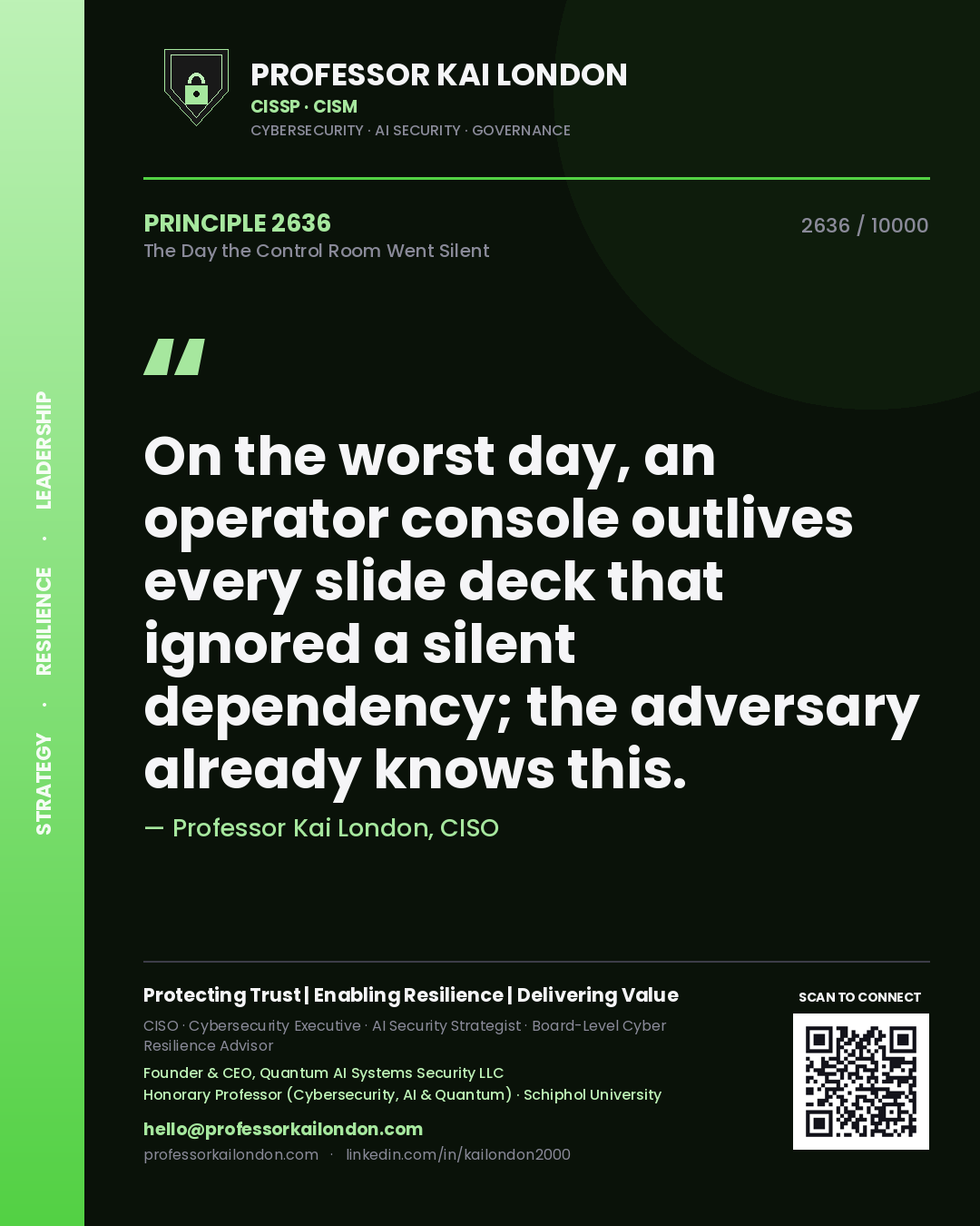 Professor Kai London principle 2636: On the worst day, an operator console outlives every slide deck that ignored a silent dependency; the adversary already knows this.