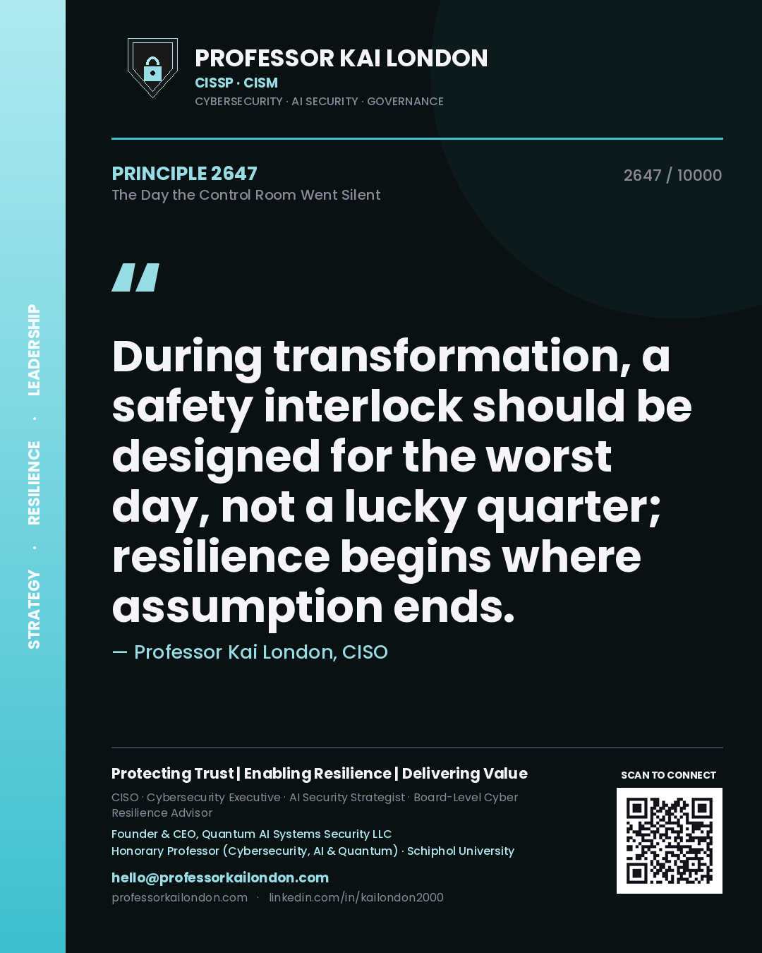 Professor Kai London principle 2647: During transformation, a safety interlock should be designed for the worst day, not a lucky quarter; resilience begins where assumption ends.