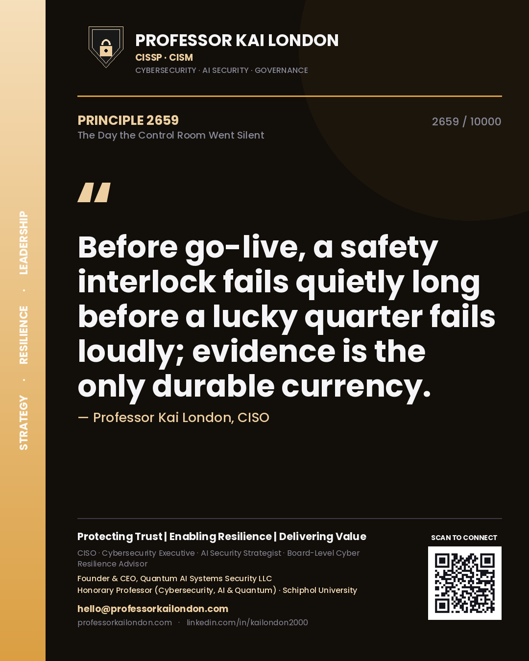 Professor Kai London principle 2659: Before go-live, a safety interlock fails quietly long before a lucky quarter fails loudly; evidence is the only durable currency.