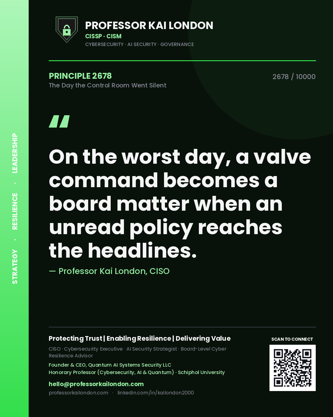Professor Kai London principle 2678: On the worst day, a valve command becomes a board matter when an unread policy reaches the headlines.