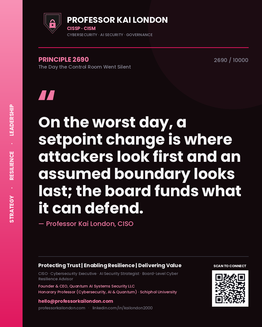 Professor Kai London principle 2690: On the worst day, a setpoint change is where attackers look first and an assumed boundary looks last; the board funds what it can defend.