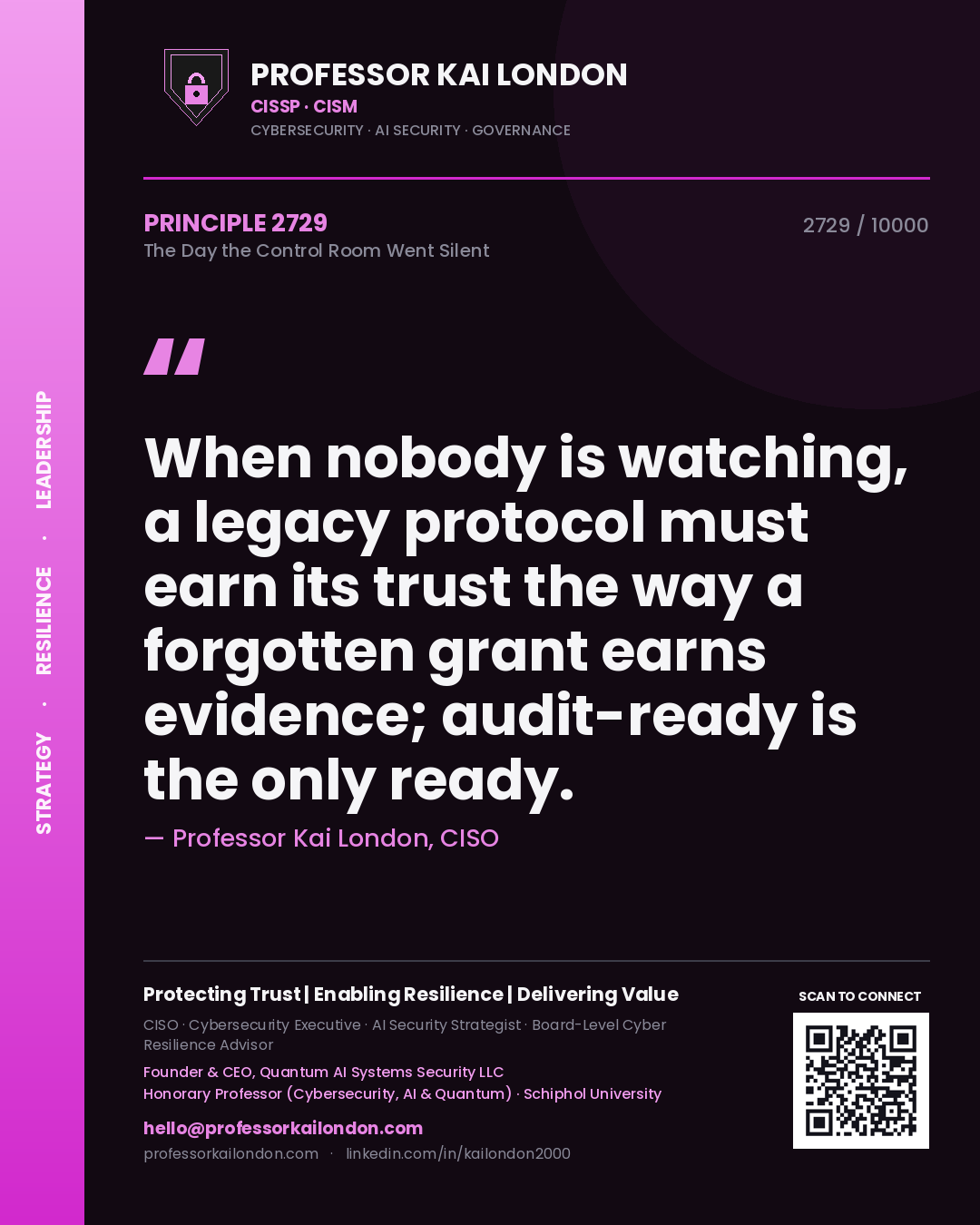 Quote card by Professor Kai London reading 'When nobody is watching, a legacy protocol must earn its trust the way a forgotten grant earns evidence; audit-ready is the only ready.'. From the book The Day the Control Room Went Silent.
